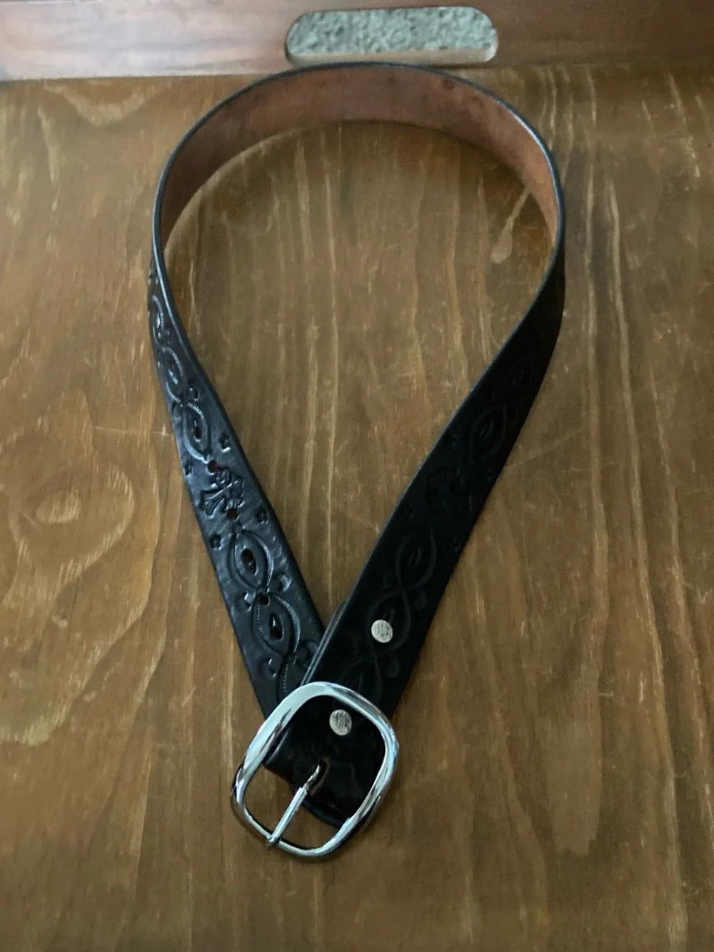 Men's Black Leather Belt with Decorative Stitching
